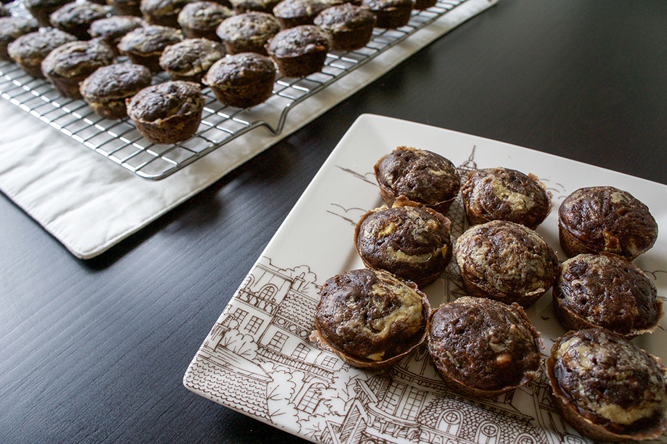 Chocolate zucchini tahini swirl muffins