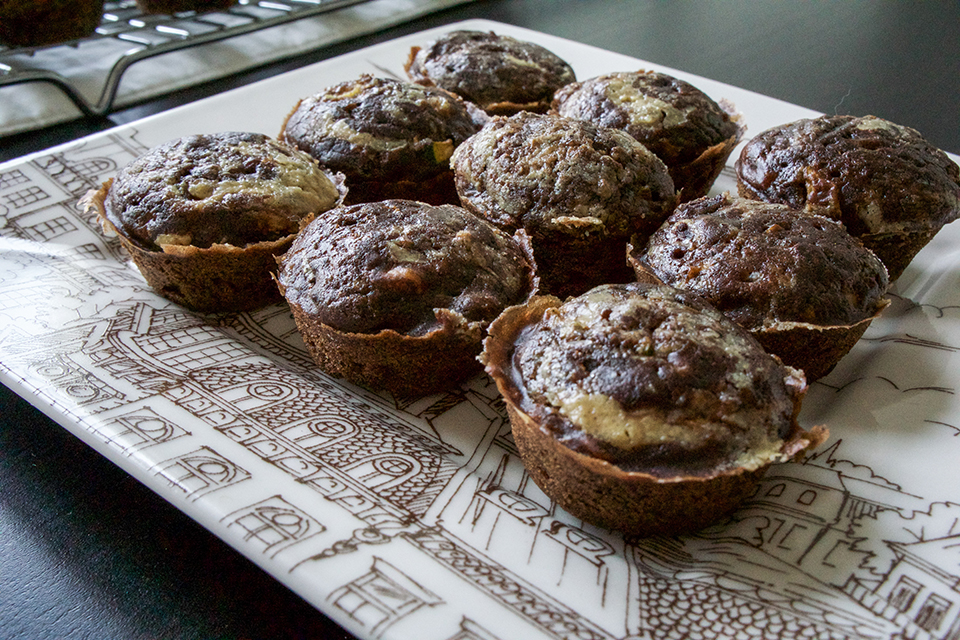 Chocolate zucchini tahini swirl muffins